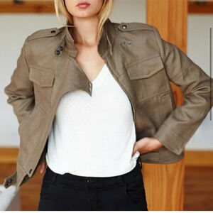 Emerson Fry Irving Army Green Linen Moto Jacket Sz 8 100% Linen